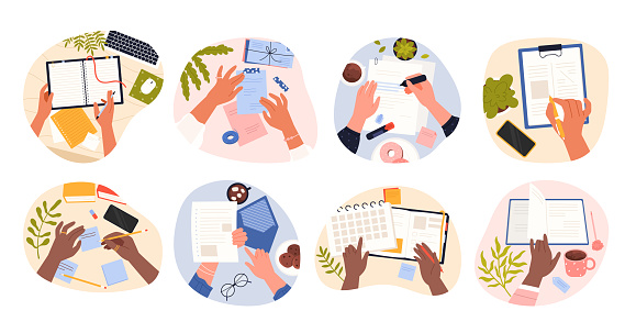 Hands of people writing and reading set vector illustration. Cartoon isolated top view of hands holding pen, pencil or marker, paper sheet and calendar, turning over page of book, notebook or diary