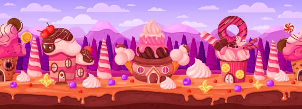 Vector illustration of Candy sweet land, seamless background of magic confectionery world with cake houses