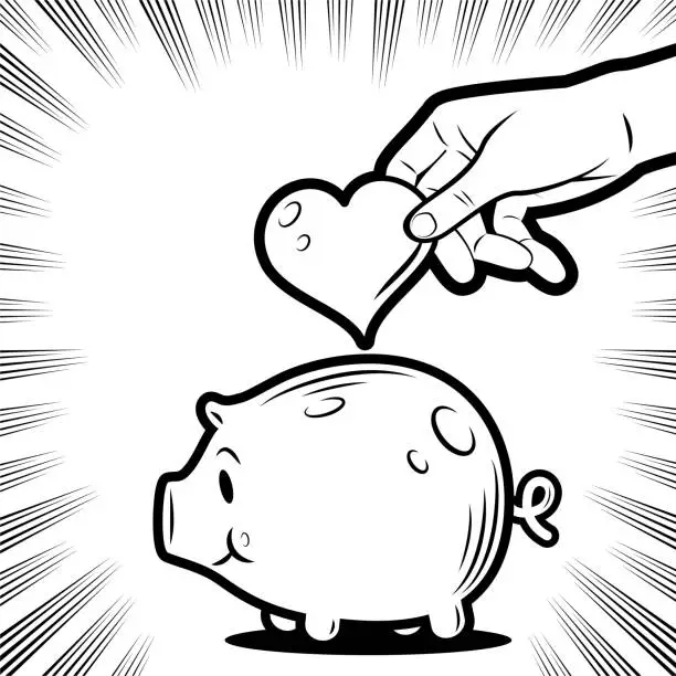 Vector illustration of A human hand putting Love into a piggy bank in the background with radial manga speed lines