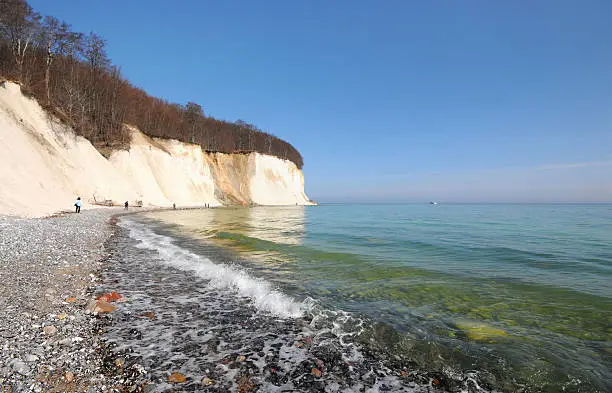 Rugen Island - typical chalk rock formation with tourists walking along at the beach. Near town Sassnitz.