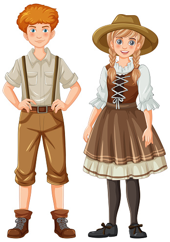 A cartoon illustration of a man and woman wearing traditional German Bavarian clothing
