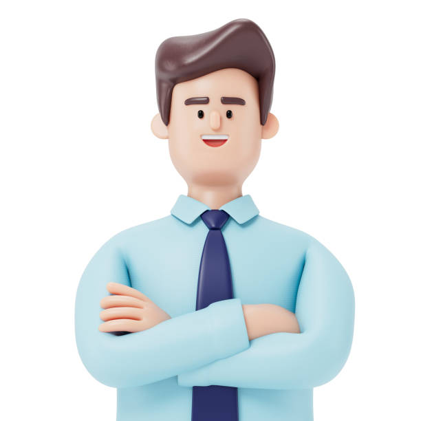 A 3D cartoon character with arms crossed stock photo