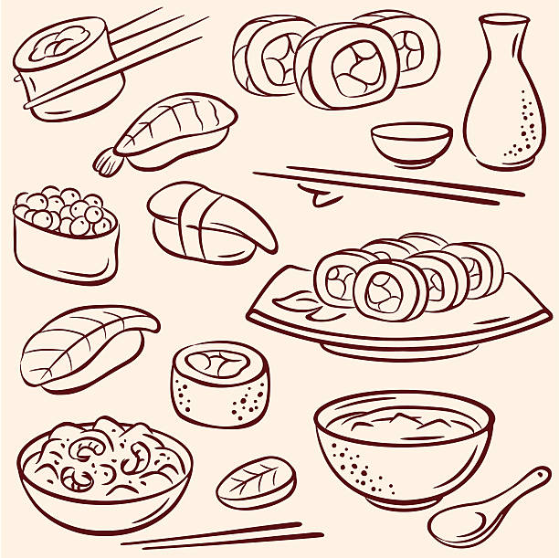 Sushi Sushi, pencil drawing illustration japanese cuisine food rolled up japanese culture stock illustrations