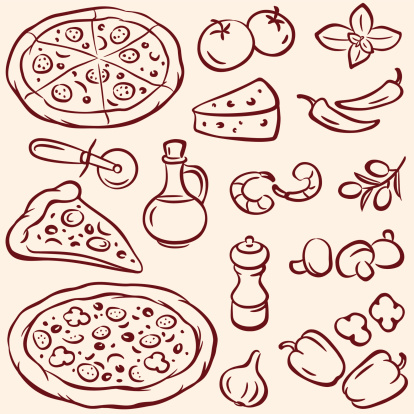 Pizza and ingredients, pencil drawing illustration