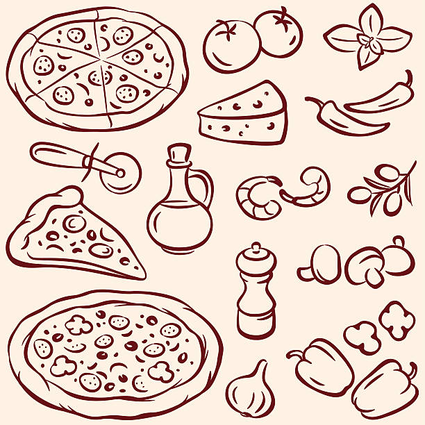Pizza Pizza and ingredients, pencil drawing illustration cheese drawings stock illustrations