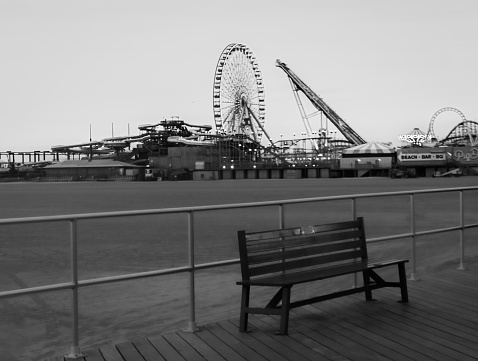 Boardwalk view of the rides at Wildwood during the summer time