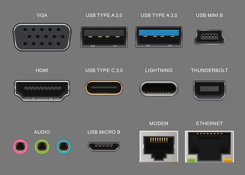 Connector and charge ports. Usb and vga, hdmi and audio realistic sockets for gadget and electronics device, laptop, modem, ethernet. Vector thunderbolt, lightning, mini or micro usb plug types