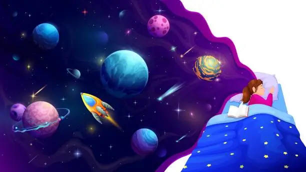 Vector illustration of Sleeping kid girl and galaxy space background