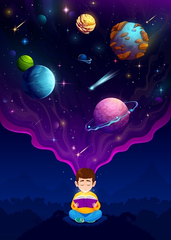 Cartoon child boy reading a book at night and dreaming about space. Child exploring distant galaxies and discovering new worlds filled with stars, planets, and fascinating extraterrestrial creatures