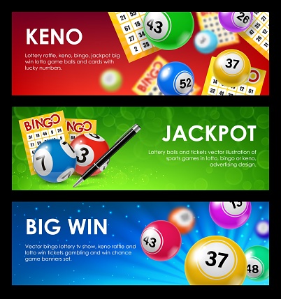 Bingo and keno lottery balls, tickets. Gamble lucky bet, gambling lottery fortune chance or keno game jackpot win vector background. Casino lotto opportunity banners with bingo tickets and balls