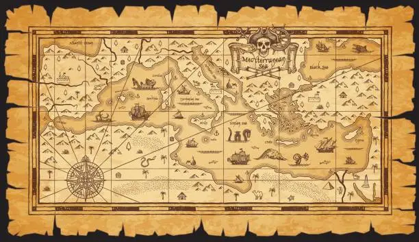 Vector illustration of Old antique vintage map of Mediterranean Sea