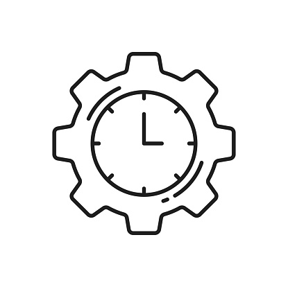 Industrial machinery timer, cogwheel clockwork thin line outline icon. Vector time management clock gear, technology mechanism
