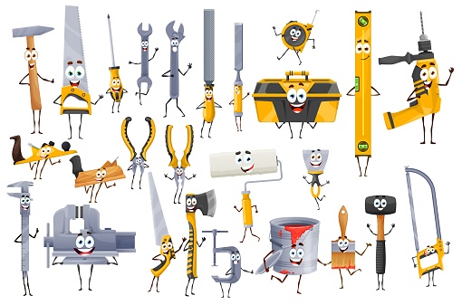 Cartoon diy and construction tool characters. Funny repair instruments wallpaper roll, axe, drill, file or fretsaw, ruler pliers, jigsaw and planer, vice, trowel, tape measure, hammer or sledgehammer