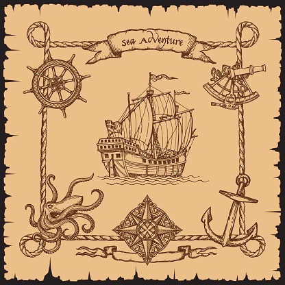 Vintage pirate vessel ship with rope frame border, sketches of anchor, helm, old sea map compass and sextant, octopus and wind rose. Vector engraved sailboat, caravel or frigate with flags and sails