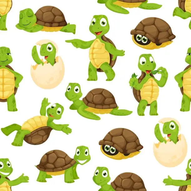 Vector illustration of Cartoon baby turtle personages seamless pattern