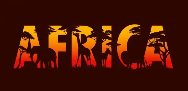 Vector illustration of Africa safari animal silhouettes, sunset landscape