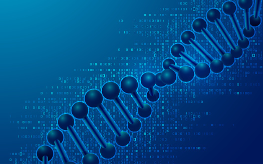 concept of DNA data storage or synthetic biology, graphic of genetic helix with binary element