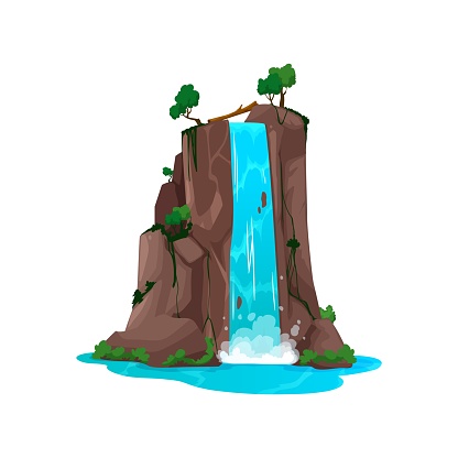 Cartoon waterfall, water fall and cascade with blue streams and splashes. Mountain waterfall vector nature landscape of stone slope with falling water cascade, fog and drops, green trees and grass