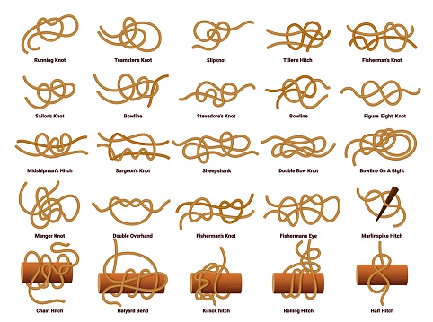 Sailing ship rope knots, nautical sailor tie and bow vector set. Marine nodes of natural jute cords, strings and cables with loop and noose figures. Cordage system elements for sails and anchors