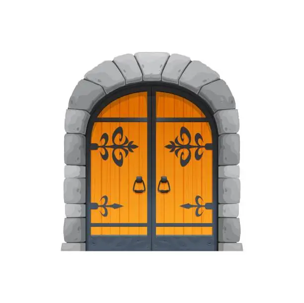 Vector illustration of Cartoon Medieval castle gate door with stone arch