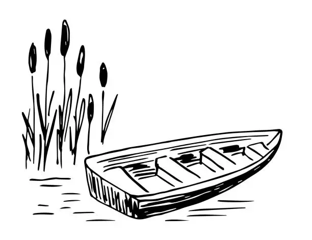 Vector illustration of Boat in the reeds, lake shore. Nature and landscape, fishing. Simple black outline vector drawing. Sketch in ink.