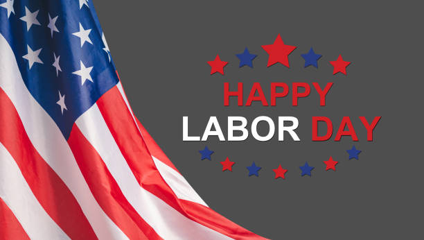 istock Happy Labor Day text and American Flag on a gray background 1628578921