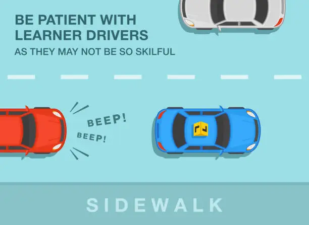 Vector illustration of Safe car driving tips and traffic regulation rules. Be patient with learner drivers as they may not be skilful. Top view of a blue learner car on the street.