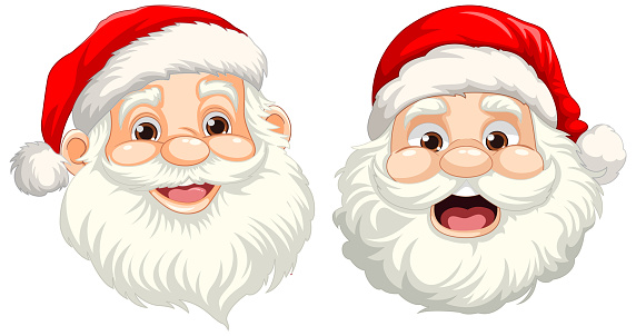 Two happy and smiling Santa Claus illustrations in a vector cartoon style