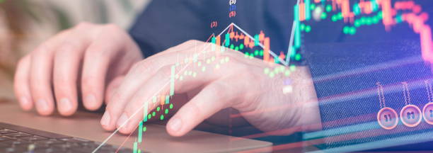 istock Technical price graph and indicator, red and green candlestick chart on blue theme screen, market volatility, up and down trend. 1628592118