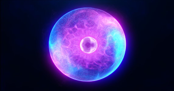 Blue purple energy sphere with glowing bright particles, atom with electrons and elektric magic field scientific futuristic hi-tech abstract background.