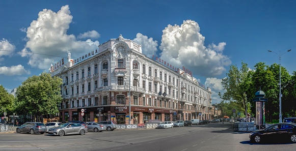 Odessa, Ukraine 09.07.2023. Historic building of the Passage hotel on the Deribasovskaya street in Odessa, Ukraine, on a sunny summer day