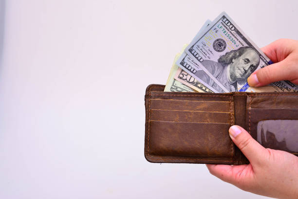 Hand pulled the dollar from leather wallet stock photo