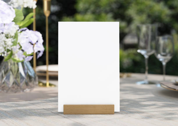 mockup white blank space card, for greeting, table number, wedding invitation template on wedding table setting background. with clipping path. - clipping path wedding invitation invitation message imagens e fotografias de stock