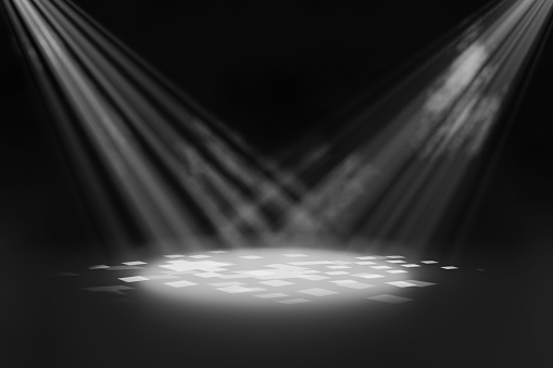Studio room background with focus spotlights dark gray background with spotlights shining concert stage lighting rendering 3d illustration
