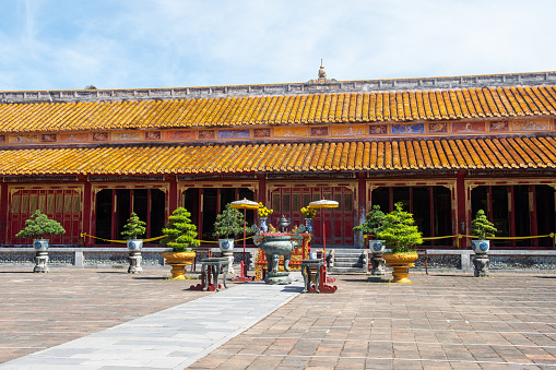 hue, vietnam. 12th june, 2023: temple inside  the forbidden city of hue which was emperor´s home in the vietnamese old dinasties.