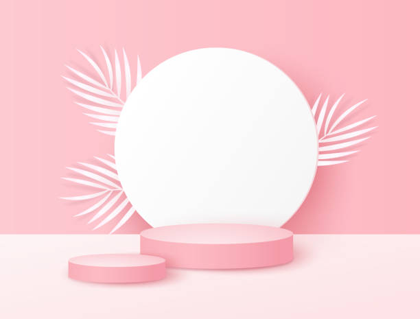 istock pink background with paper palm leafs and stand or podium display for product presentation, branding, packaging and promotion. vector illustration design. 1628680854