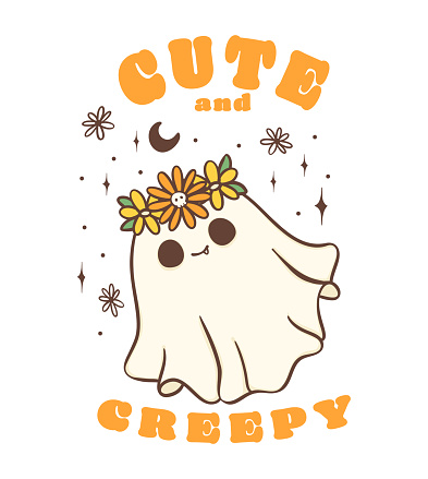 Cute Halloween ghost with daisy flower crwon, kawaii Retro floral sppky ghost, Cute and creepy, cartoon doodle outline drawing illustration idea for greeting card, t shirt design and crafts.