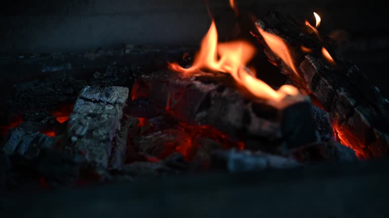 Close-up of burnt logs in a fire.