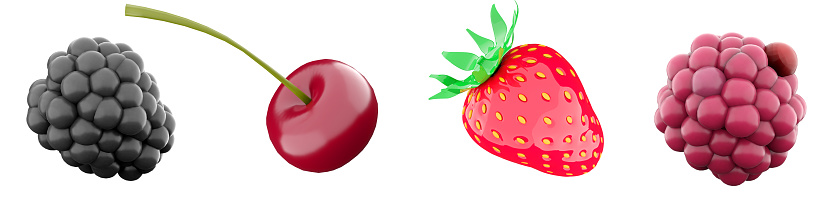 3d rendering blackberry, cherry, strawberry, raspberry icon set. 3d render sweet berries icon set.
