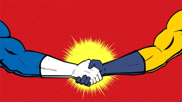 Vector illustration of Vector Pop Art Superhero Handshake Stock Illustration