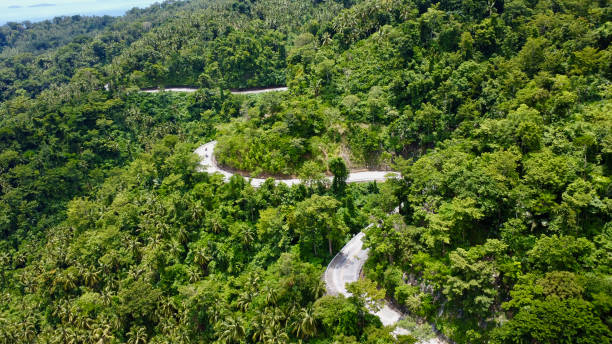 istock The winding road runs along the mountain slopes through the dense tropical forest. 1628709121