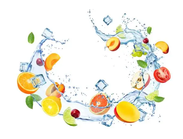 Vector illustration of Swirl water flow wave splash with fruits mix