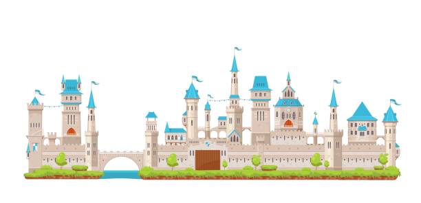 Medieval fortress castle, knight stone fortress Medieval fortress castle. Knight stone fortress with gate, towers turrets, bridge and flags. Isolated cartoon vector antique building, middle ages architecture. Fantasy magic or fairytale royal house fairy door fairy tale antique stock illustrations