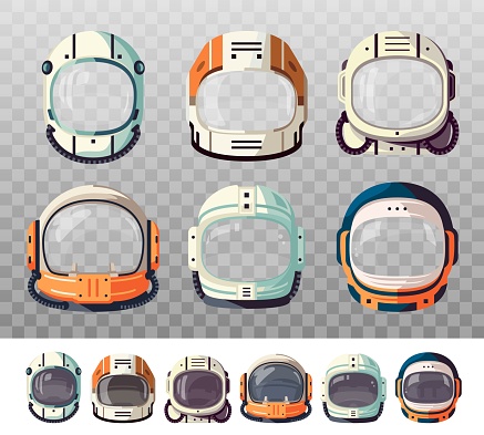 Photo booth, kids astronaut space helmets. Cute vector masks and helmets of spaceman spacesuit, spaceship and rocket pilot cartoon headwear. Head in hole props for space party, face mask app, stickers