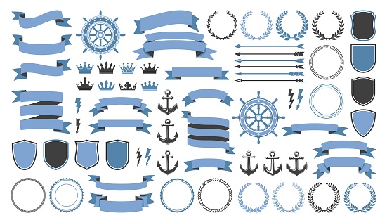 Badge, seal, laurel wreath and vintage crown, arrow, anchor and shield symbols. Vector nautical heraldry elements set with retro ship helms, lightnings and ribbon banners, navy emblem and insignia