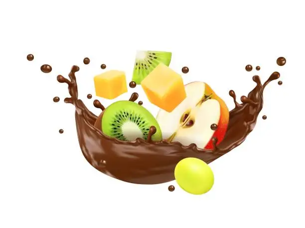 Vector illustration of Realistic chocolate milk flow splash with fruits