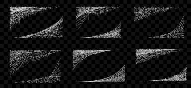 Halloween cobweb frames, corners, spiderweb border Halloween cobweb frames and corners. Spiderweb vector borders of scary horror night holiday with white spider web and net threads. Spooky gothic Halloween cobweb frames set on transparent background halloween border stock illustrations