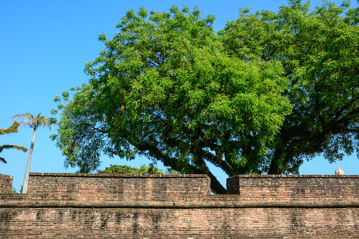 Brick wall of ancient fort in George Town, Penang, Malaysia.