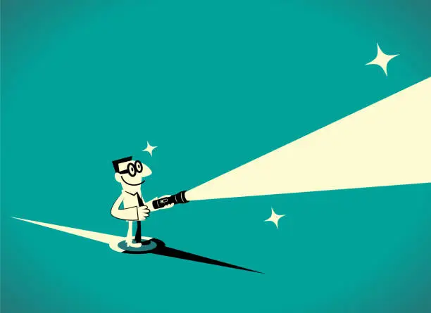 Vector illustration of A businessman standing on a compass lights the way ahead with a flashlight