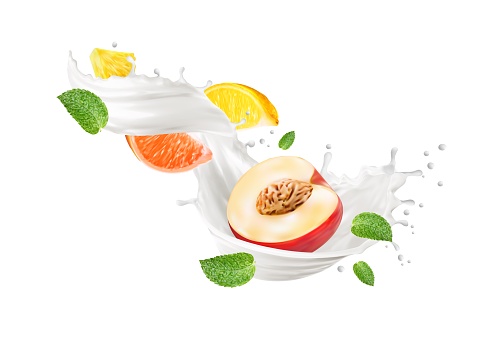 Realistic milk drink wave splash and fresh fruits. Milky beverage, natural dairy product or milkshake whirl realistic vector splatters with nectarine, grapefruit and orange, pineapple, mint leaves